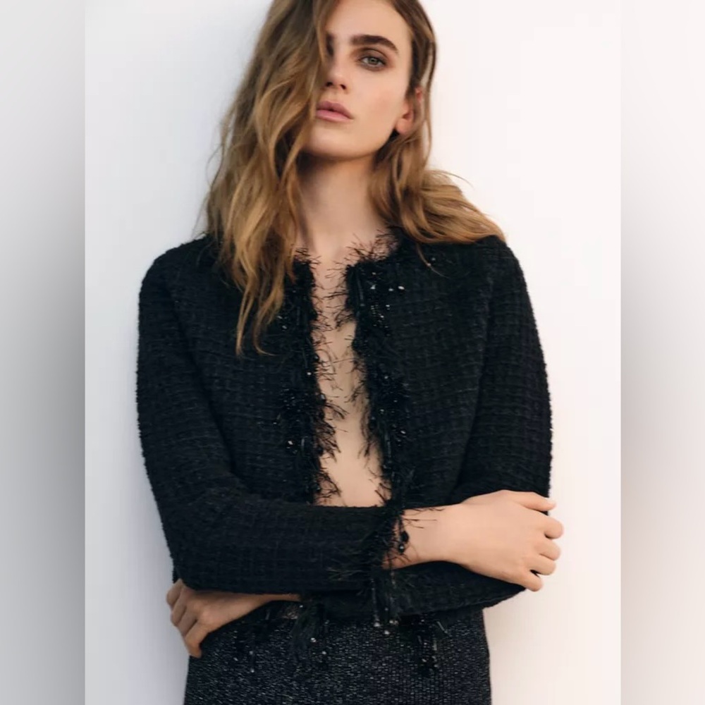 NWT Zara Cardigan| ZARA Black FRAYED BEADED TRIM KNIT SWEATER (L)